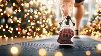 Cardio Christmas workout concept.A person jogging on a treadmill surrounded by festive Christmas trees and lights, blending fitness with holiday cheer.