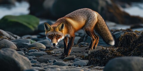 A fox scampers among rocks at coastal cliffs, scavenging for food. This adaptable fox thrives near humans, quickly exploiting any available food source throughout the year.