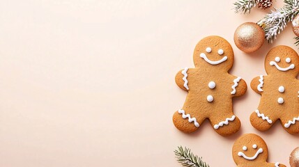 Fototapeta premium Three cheerful gingerbread cookies are arranged with festive ornaments and greenery on a light background, creating a cozy holiday atmosphere.