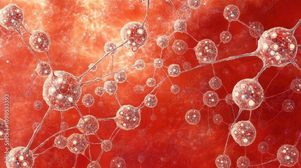 Poster abstract representation of interconnected cells or molecules in a vibrant red background.