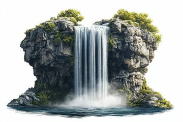 Island waterfall cascading into tranquil water.