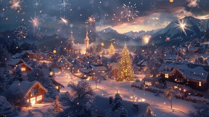 Fototapeta premium A picturesque snowy village celebrating Christmas with fireworks.