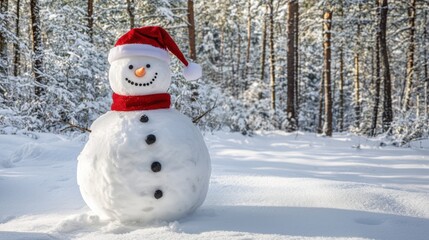Fototapeta premium Snowman in Santa Hat with Frosty Winter Backdrop