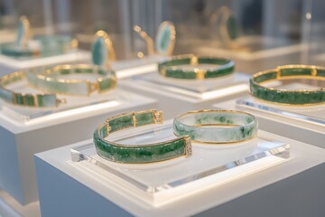 Display of elegant jade bracelets showcased in a modern jewelry exhibit.