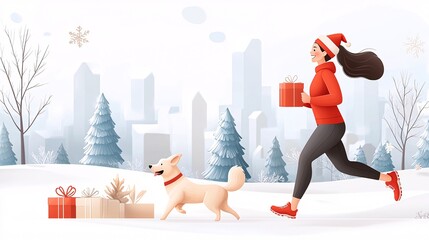 Cardio Christmas workout concept.A festive scene depicting a woman in a Santa hat jogging with a dog in a snowy landscape, surrounded by gifts and a city skyline.