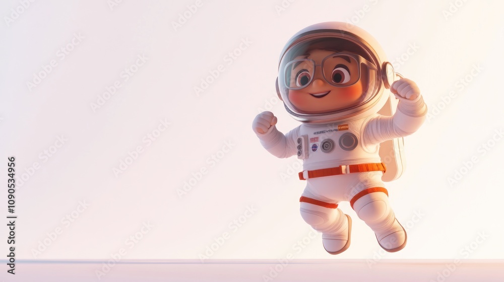 Aufkleber a cheerful child in a spacesuit, joyfully jumping in a bright, minimalistic environment.
