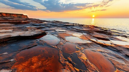 Sunset over rocky shoreline coastal beauty landscape photography natural environment scenic view