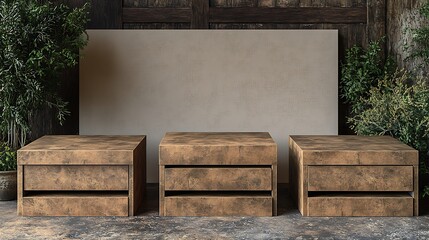 Three rustic wooden display cubes with a blank canvas backdrop.