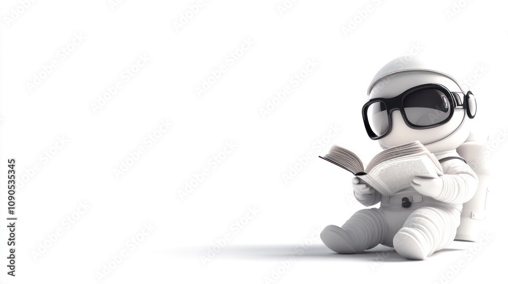 Poster A cute astronaut character reading a book, emphasizing curiosity and exploration.