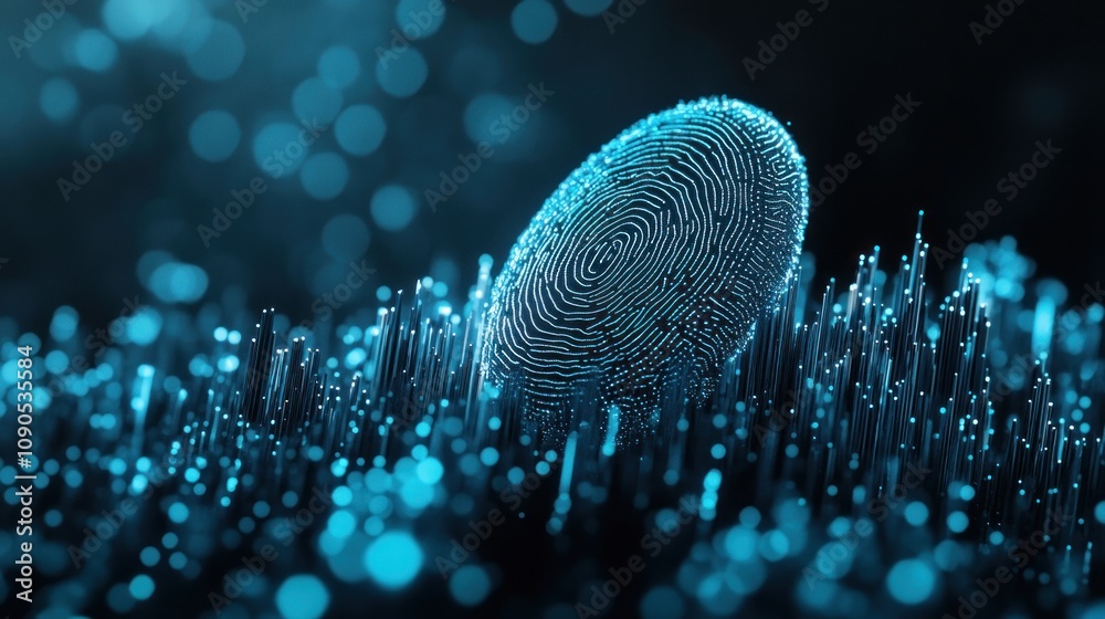 Poster A stylized fingerprint on a digital landscape, symbolizing security and identity.