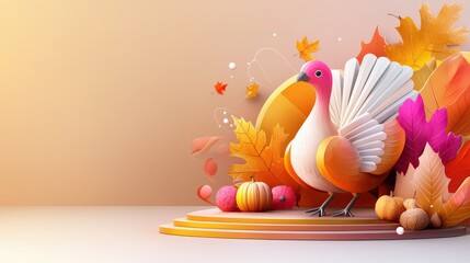 A colorful Thanksgiving sale banner featuring turkey illustrations, autumn leaves, and large discount numbers in bold, festive fall colors.