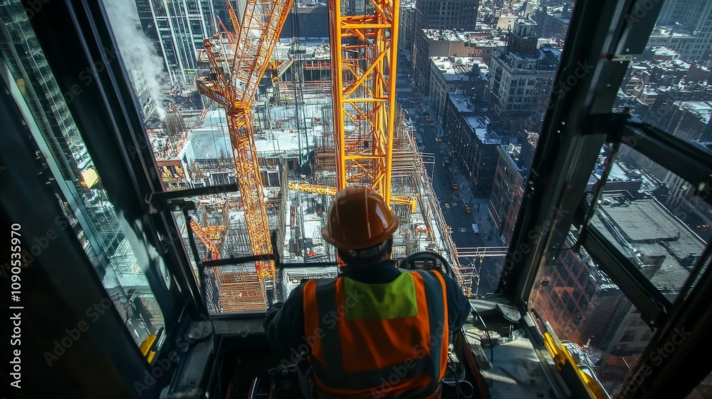 Poster an intimate view of a crane operator in a tower crane cabin, lifting heavy machinery components on a