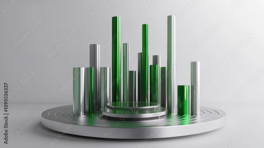 Poster Abstract representation of data visualization with green and silver bars on a circular base.