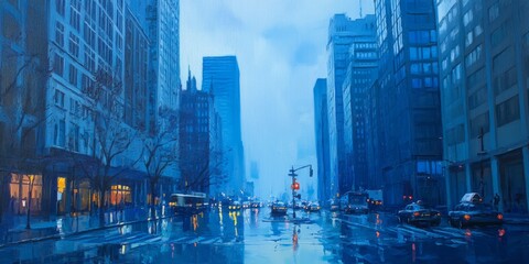 Fototapeta premium Tranquil blue morning light fills the urban landscape, creating a serene blue morning atmosphere perfect for capturing the essence of a blue morning in the city.