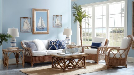 Fototapeta premium Bright and Inviting Coastal Living Room with Rattan Furniture, Soft Textiles, Nautical Decor, and Abundant Natural Light by Large Windows