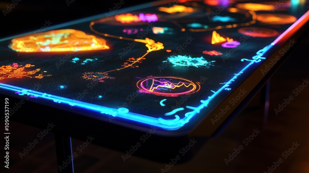 Poster A glowing interactive table displaying colorful, illuminated designs and patterns.