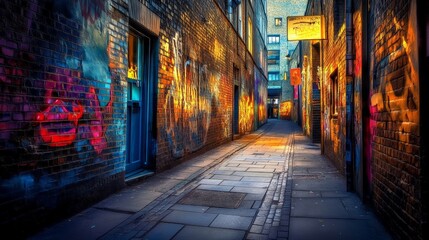 Fototapeta premium Vibrant Alleyway with Stunning Street Art and Night Lights