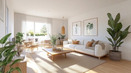 Cozy and Modern Living Room with Natural Light, Indoor Plants, and Minimalist Decor Inviting a Relaxing Atmosphere for Contemporary Home Design