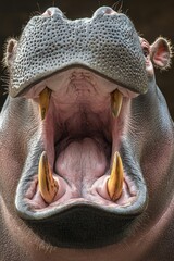 Hippopotamus open mouth showing teeth.