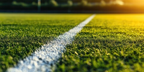 Close up view of a painted line on grass, showcasing the marker sideline commonly found on a soccer field. The soccer field lines are essential for gameplay and organization during matches.