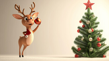 Fototapeta premium A cheerful reindeer helping to decorate the Christmas tree, perfect for spreading holiday cheer.