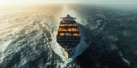 Aerial view of a large container ship navigating the open sea, capturing the impressive scale of the large container ship in this top down perspective. The large container ship dominates the waters.