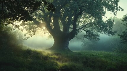 Fototapeta premium Majestic oak tree stands tall in a misty forest, with soft sunlight breaking through the fog. Nature’s beauty captured in serene surroundings.