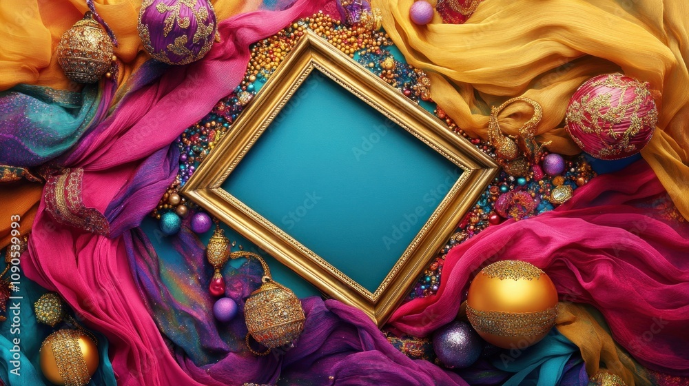 Aufkleber a colorful arrangement with a decorative frame surrounded by vibrant fabrics and ornaments.