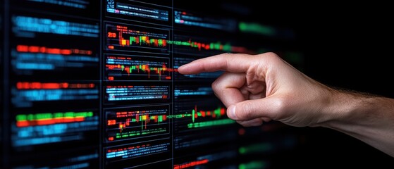 Investing mistake fail business and volatility Concept, A hand points at a digital financial chart displaying data trends and statistics in vibrant colors against a dark background.