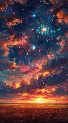Obraz premium A vibrant sunset over a field with a sky full of stars and glowing lights.