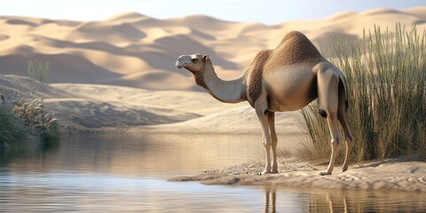 A humorous camel stands on sandy terrain by water in a warm desert setting, showcasing the unique characteristics of a camel in a desert environment. This funny camel adds charm to the landscape.