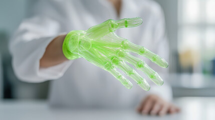 person in lab coat extends translucent green robotic hand, symbolizing innovation in technology and prosthetics. setting suggests laboratory environment focused on futuristic advancements
