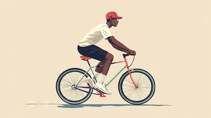 Fototapeta premium A young Black male in a red cap rides a bicycle against a minimalist background.