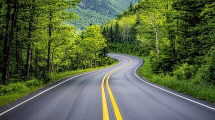 Obraz premium Captivating Curved Road Surrounded by Lush Green Trees and Vibrant Foliage, Perfect for Nature-Lover Adventures and Scenic Travel Photography Opportunities