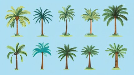 A colorful collection of ten palm trees, showcasing various styles against a bright blue background.