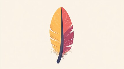 A vibrant, stylized feather in shades of orange, yellow, and purple against a soft beige background.