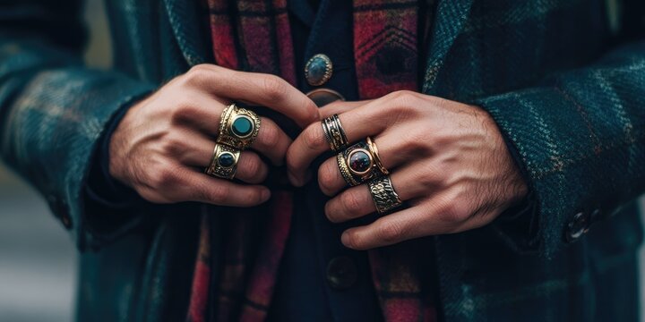 Stylish man hands showcasing trendy fashion rings and accessories. These trendy fashion rings highlight unique styles and elevate any look, emphasizing fashion accessories.