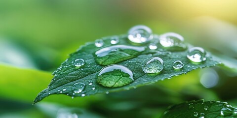 Macro shot of transparent water drops on a green leaf, highlighting the beauty of nature. The transparent water drops glisten on the green leaf, creating a serene blurred background effect.