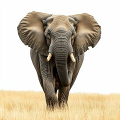 Fototapeta premium Large elephant walking toward camera, tall grass.