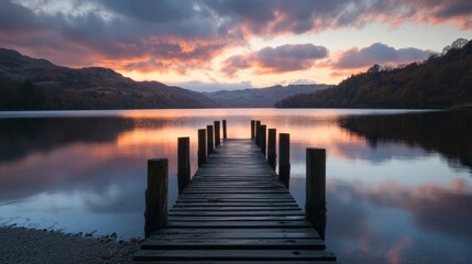 Fototapeta premium Serene sunset over a wooden dock by the lake, reflecting calm waters and mountains in the background.