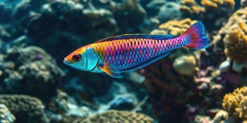Vibrant thalassoma pavo fish showcasing its colorful scales as it swims gracefully through clear waters above rugged coral reefs in the deep sea, highlighting the beauty of thalassoma pavo.
