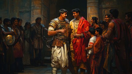 Two South Asian men in ancient attire engage in a friendly conversation, surrounded by a joyful crowd.