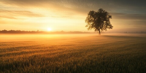 Fototapeta premium Sunrise illuminating the field creates a serene atmosphere as morning fog gently blankets the landscape, enhancing the beauty of the field in this tranquil scene at dawn.