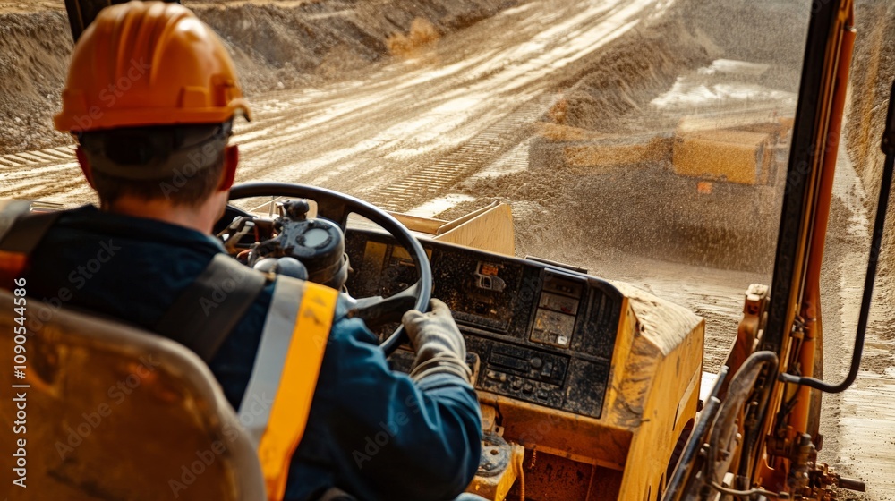 Poster an intimate view of a heavy equipment operator in a bulldozer cab, leveling ground on a highway cons
