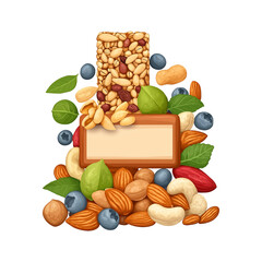 Nutritious snack bar surrounded by assorted nuts, seeds, and berries, transparent background, png file 