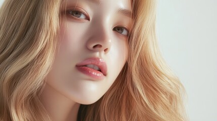 Naklejka premium Beautiful model girl with blonde hair,silky healthy chestnut wavy hair strand,hair wavy ribbon, with smooth,Keratin straightening,Treatment,straight long hair,procedures,Smooth hairstyle.