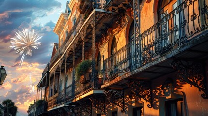 Naklejka premium Beautiful sunset over a historic balcony with fireworks.