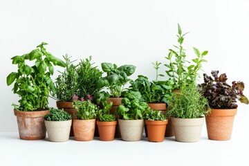 Fototapeta premium Assorted herbs potted in terracotta and stone.