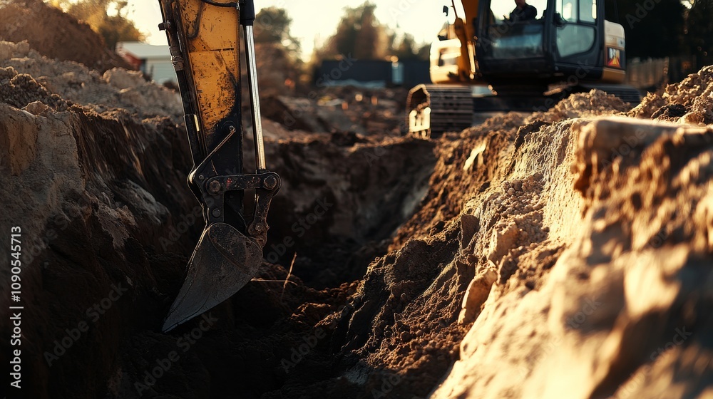 Poster an intimate view of a heavy equipment operator in an excavator cabin, digging trenches on a resident