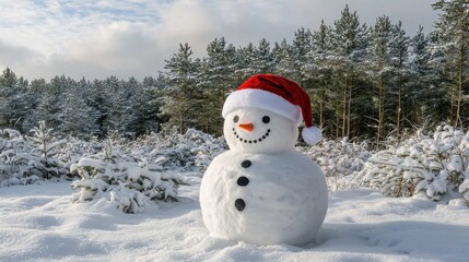 Obraz premium Santa-Hat Snowman Surrounded by Snowy Pines